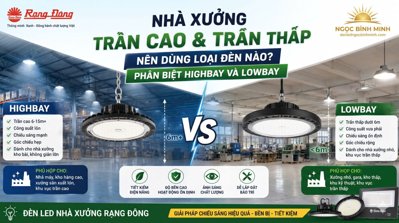 Nhà xưởng trần cao và trần thấp nên dùng loại đèn nào? Phân biệt highbay và lowbay hãy cùng đèn led Ngọc Bình Minh tìm hiểu
